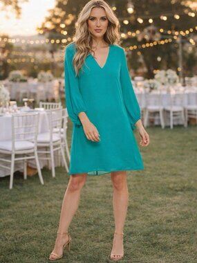 Eliza J Dress Womens Size 6 Teal Green Shift Knee Length Career V-Neck